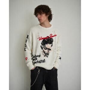 Waves & Sauce Distressed Graphic Sweater Warped Sense Punk Art Knit XL